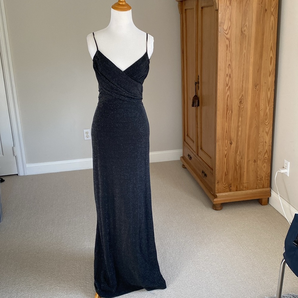 BCBG MaxAzaria Black with Subtle Shine Low Back and Cut Outs Black Gown Sz S